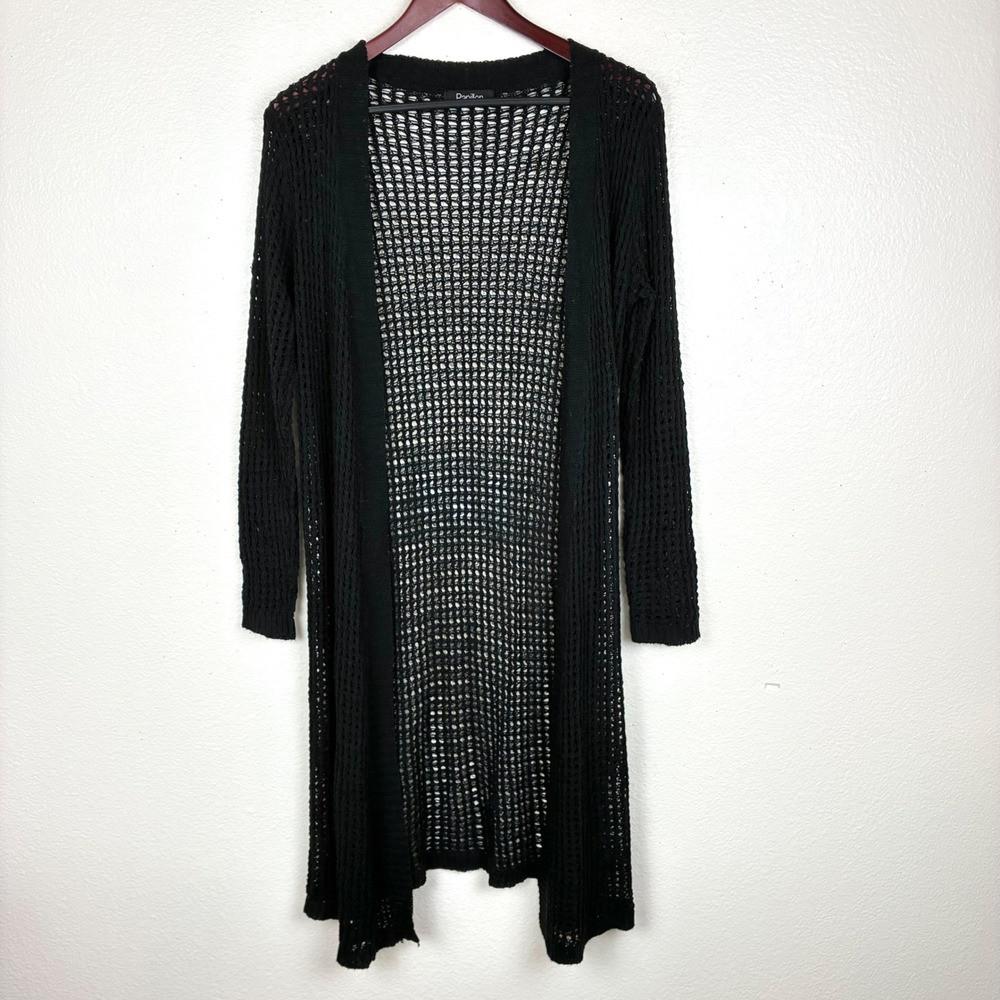 Duster Cardigan Sz S Crochet Long Line Open Knit Minimalist Whimsigoth Black